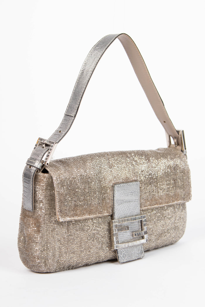 RARE Fendi Silver Beaded Embellished Baguette Shoulder Bag