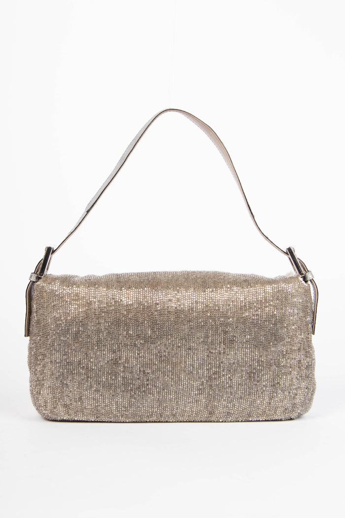 RARE Fendi Silver Beaded Embellished Baguette Shoulder Bag