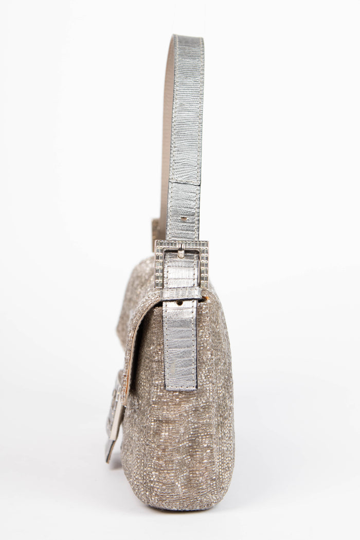RARE Fendi Silver Beaded Embellished Baguette Shoulder Bag