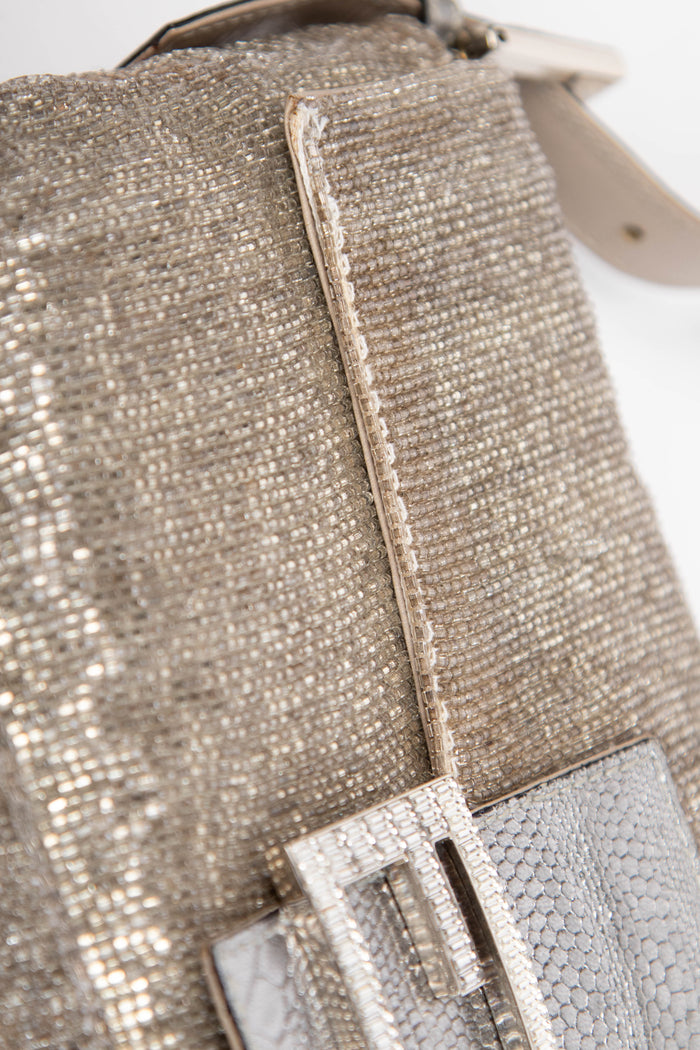 RARE Fendi Silver Beaded Embellished Baguette Shoulder Bag