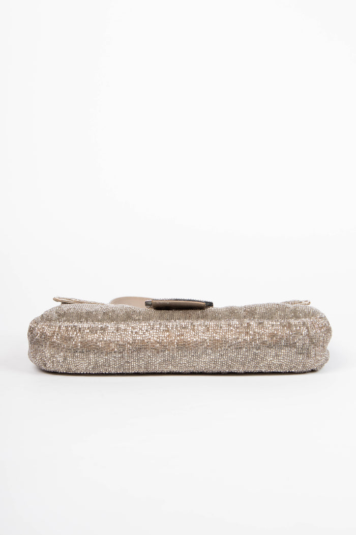 RARE Fendi Silver Beaded Embellished Baguette Shoulder Bag