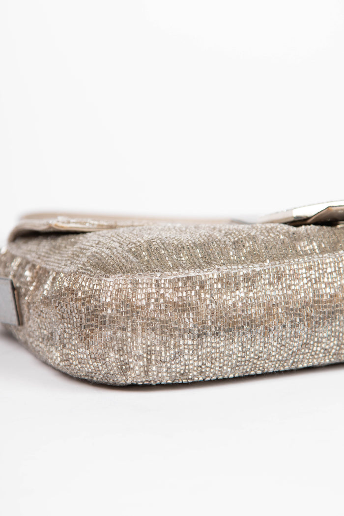RARE Fendi Silver Beaded Embellished Baguette Shoulder Bag
