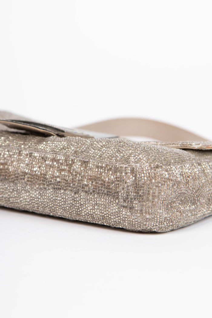 RARE Fendi Silver Beaded Embellished Baguette Shoulder Bag