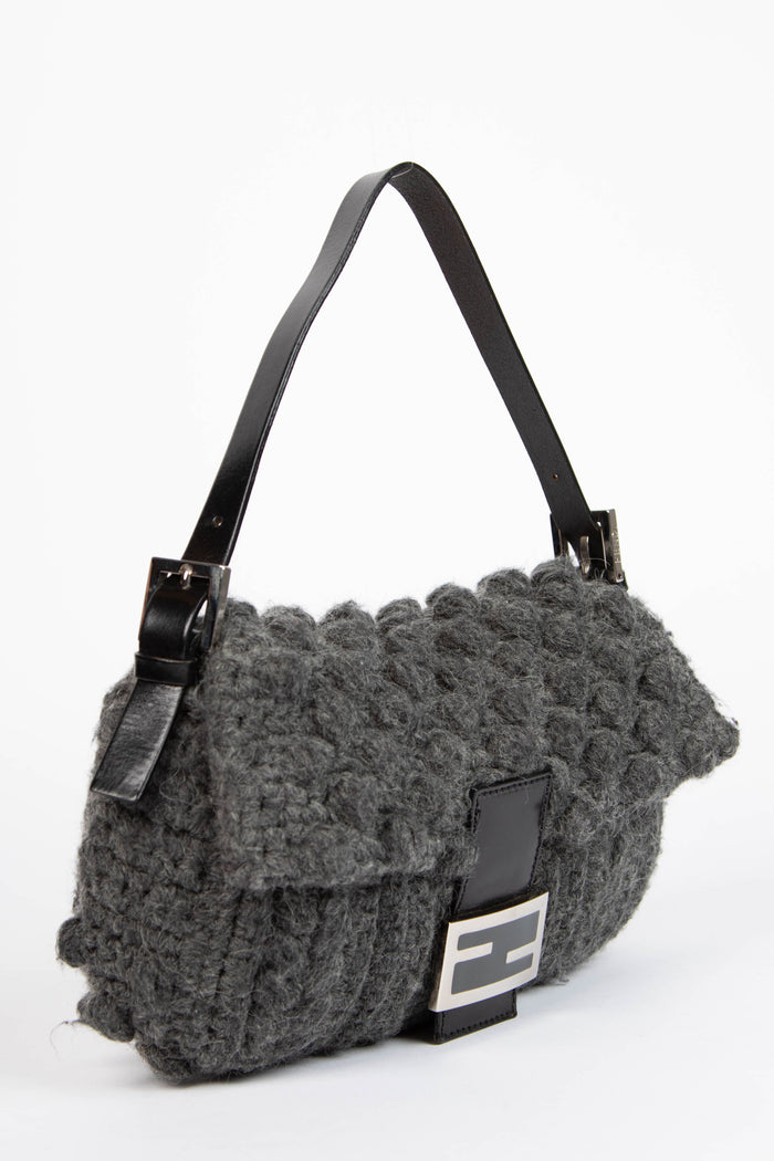 Vintage Fendi Grey Wool Baguette Shoulder Bag