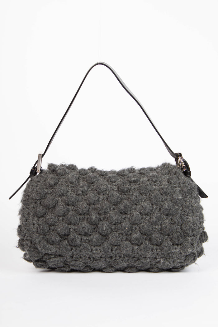 Vintage Fendi Grey Wool Baguette Shoulder Bag