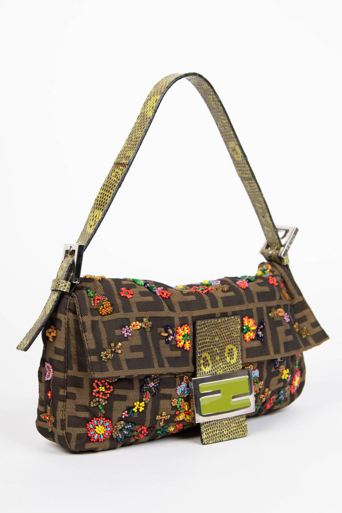 RARE Fendi Zucca Beaded Baguette Shoulder Bag