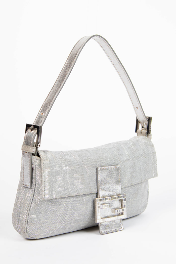2000s Fendi Silver Metallic Crystal Zucca Baguette Shoulder Bag