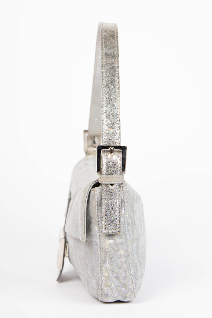 2000s Fendi Silver Metallic Crystal Zucca Baguette Shoulder Bag