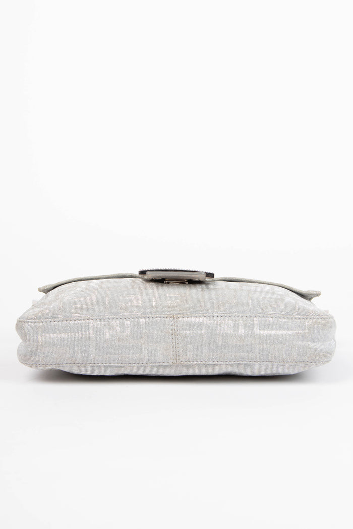 2000s Fendi Silver Metallic Crystal Zucca Baguette Shoulder Bag