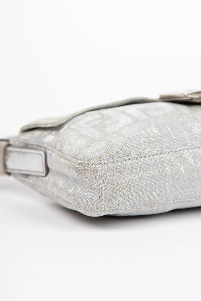 2000s Fendi Silver Metallic Crystal Zucca Baguette Shoulder Bag