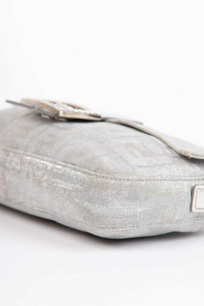 2000s Fendi Silver Metallic Crystal Zucca Baguette Shoulder Bag
