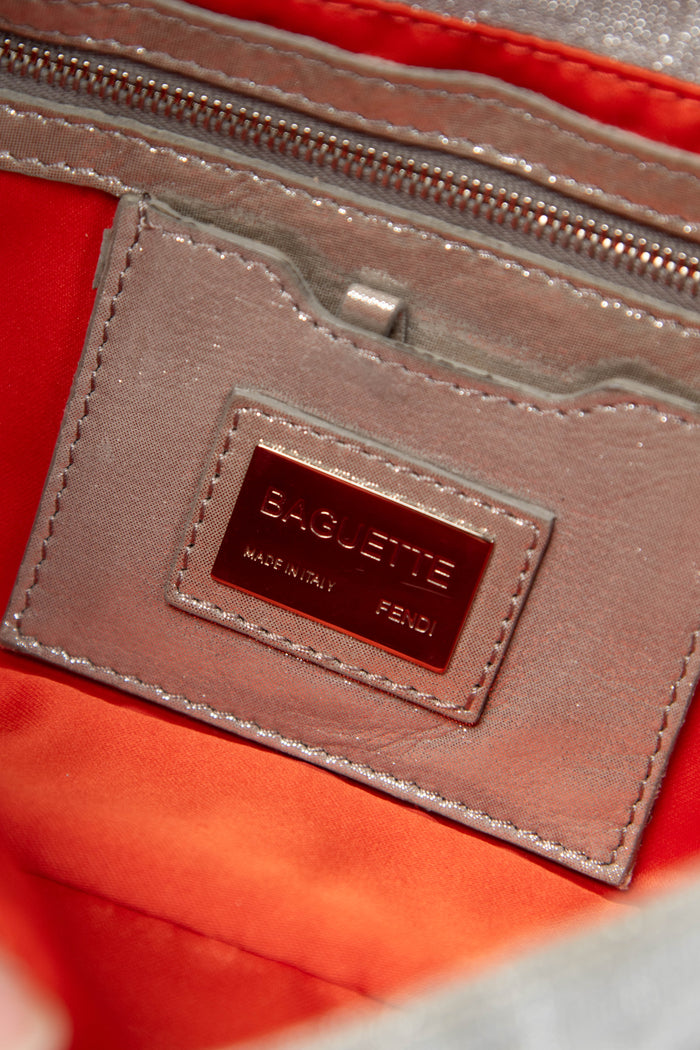2000s Fendi Silver Metallic Crystal Zucca Baguette Shoulder Bag