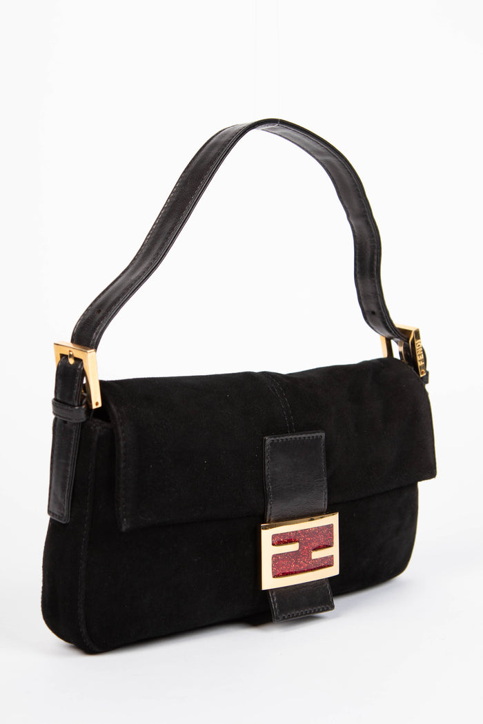 Vintage Fendi Black Suede Baguette Shoulder Bag
