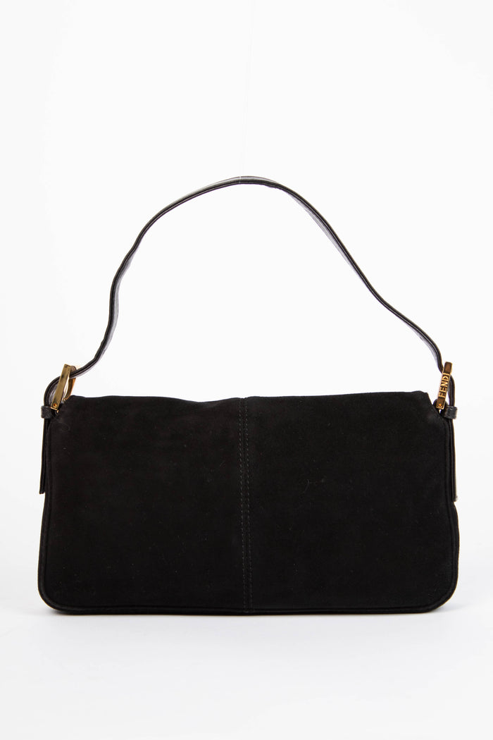Vintage Fendi Black Suede Baguette Shoulder Bag