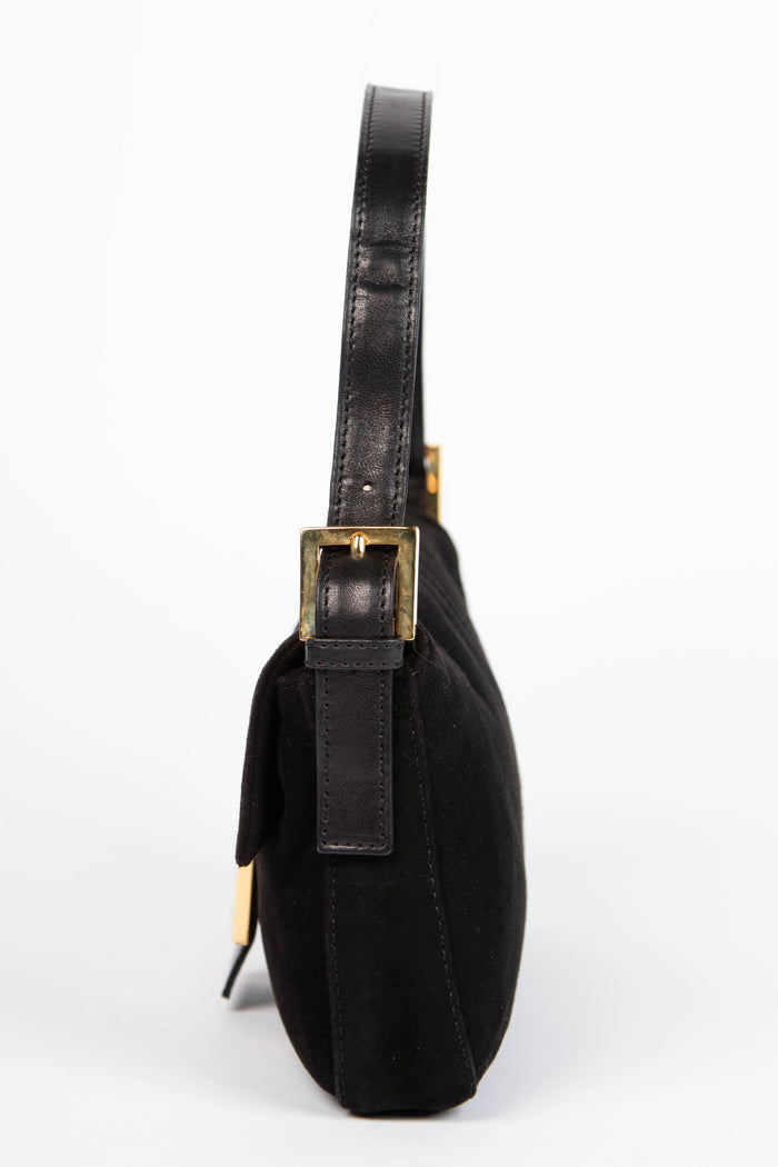 Vintage Fendi Black Suede Baguette Shoulder Bag