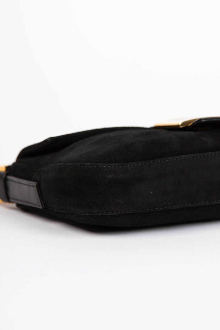 Vintage Fendi Black Suede Baguette Shoulder Bag