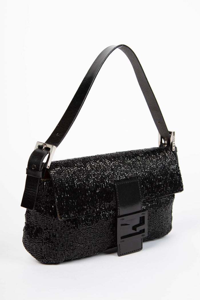 RARE Vintage Fendi Black Beaded Baguette Shoulder Bag