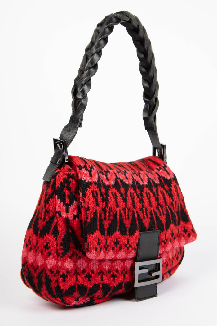 RARE Fendi Intarsia Knitted Red Mamma Baguette Shoulder Bag