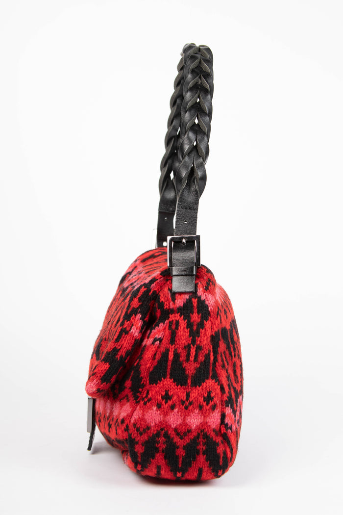 RARE Fendi Intarsia Knitted Red Mamma Baguette Shoulder Bag