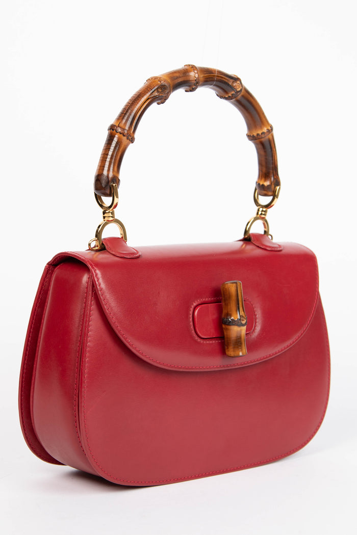 Vintage Gucci Red Leather & Bamboo Top Handle Bag