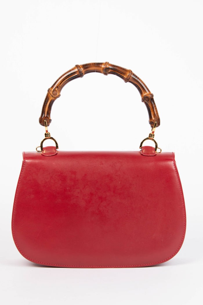 Vintage Gucci Red Leather & Bamboo Top Handle Bag