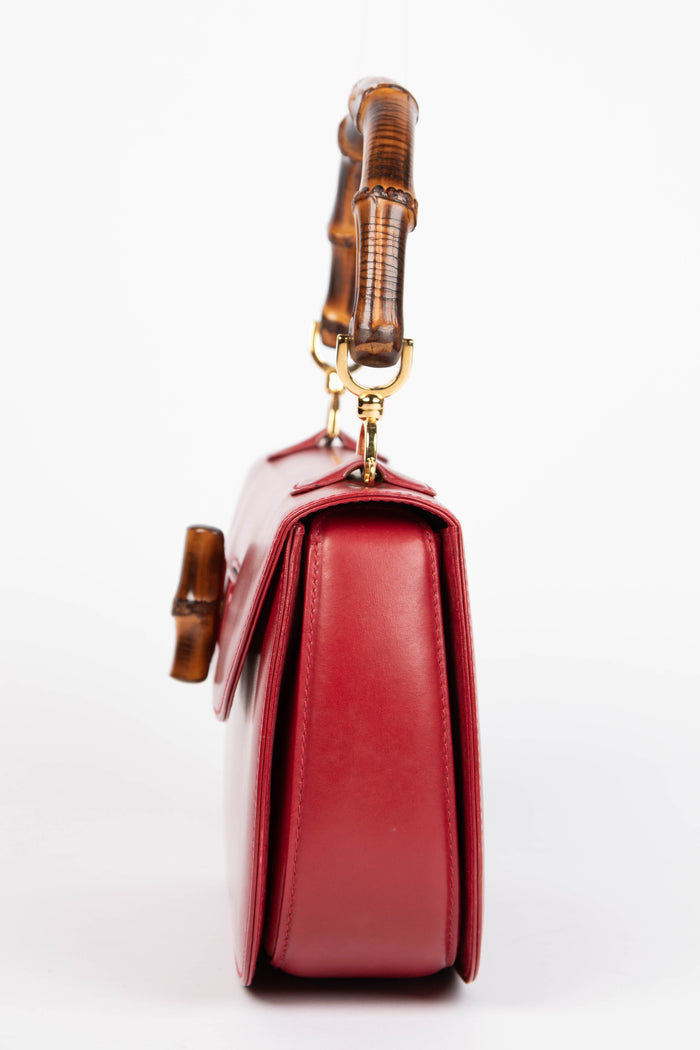 Vintage Gucci Red Leather & Bamboo Top Handle Bag