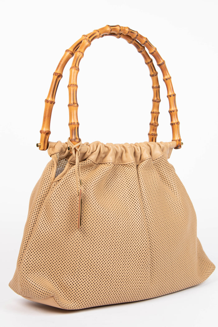 Vintage Gucci Beige Perforated Leather Bamboo Top Handle Bag