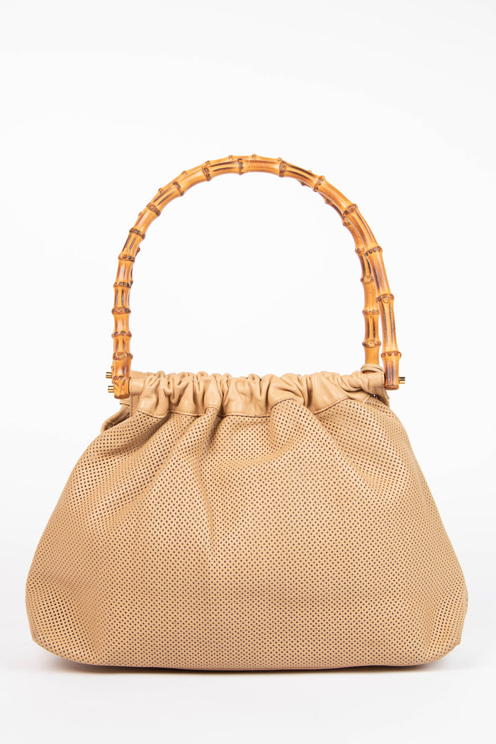 Vintage Gucci Beige Perforated Leather Bamboo Top Handle Bag