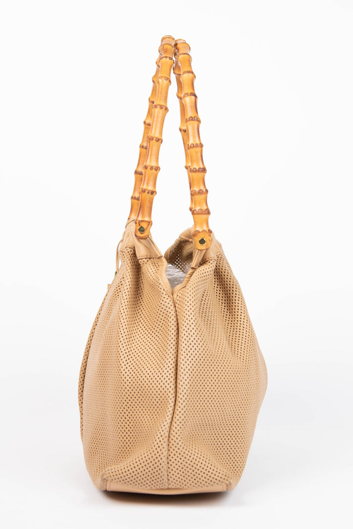 Vintage Gucci Beige Perforated Leather Bamboo Top Handle Bag