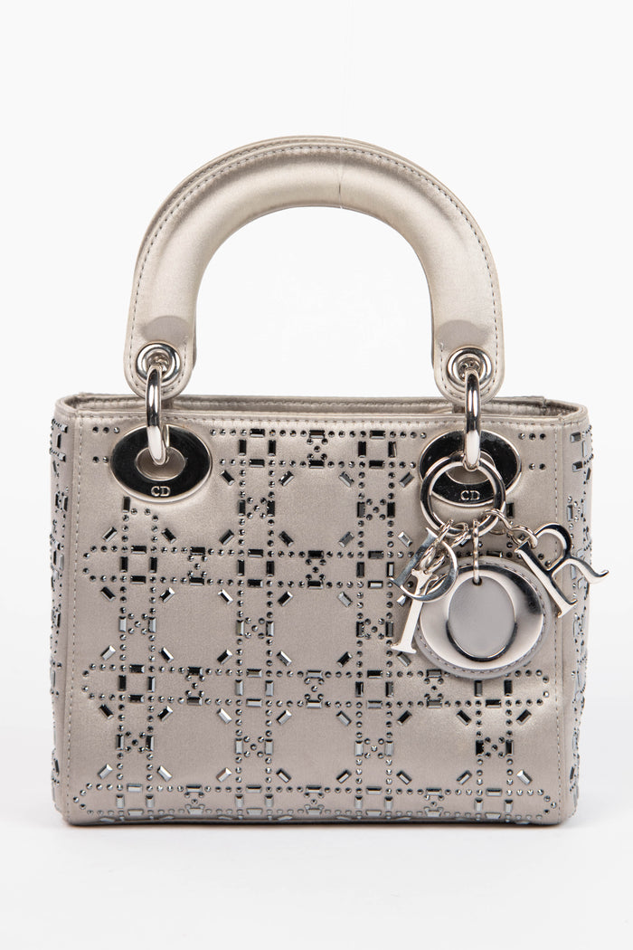 RARE Christian Dior Grey Crystal Embellished Mini Lady Dior