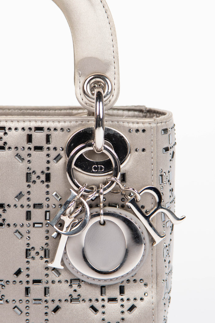 RARE Christian Dior Grey Crystal Embellished Mini Lady Dior