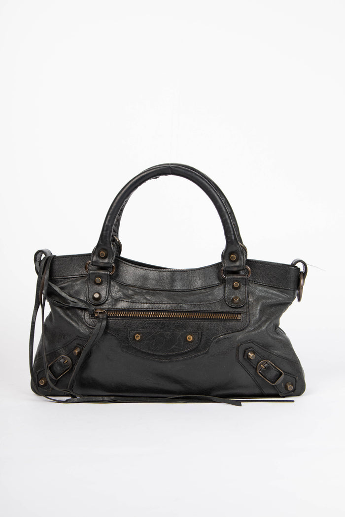 2000s Balenciaga Black Leather First City Shoulder Bag