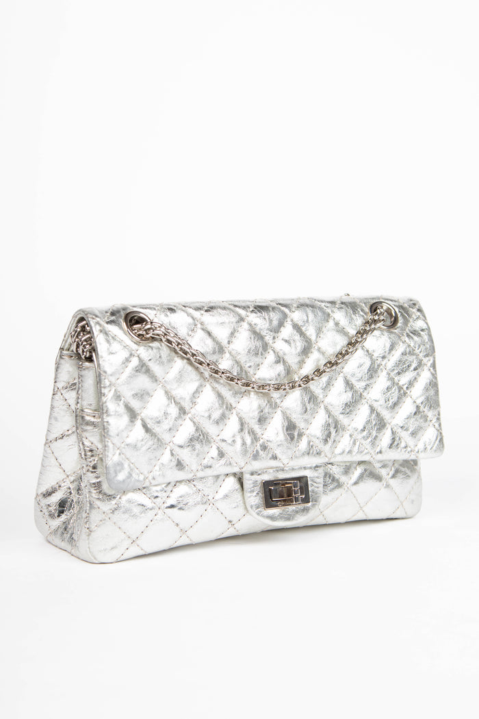 2000s Chanel Silver Metallic Re-issue Small Double Flap Shoulder Bag