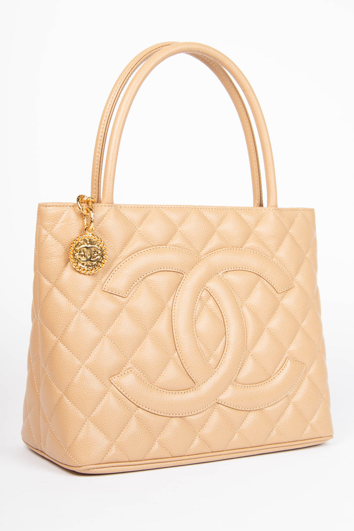 2000s Chanel Beige Caviar Leather Gold Medallion Tote Bag