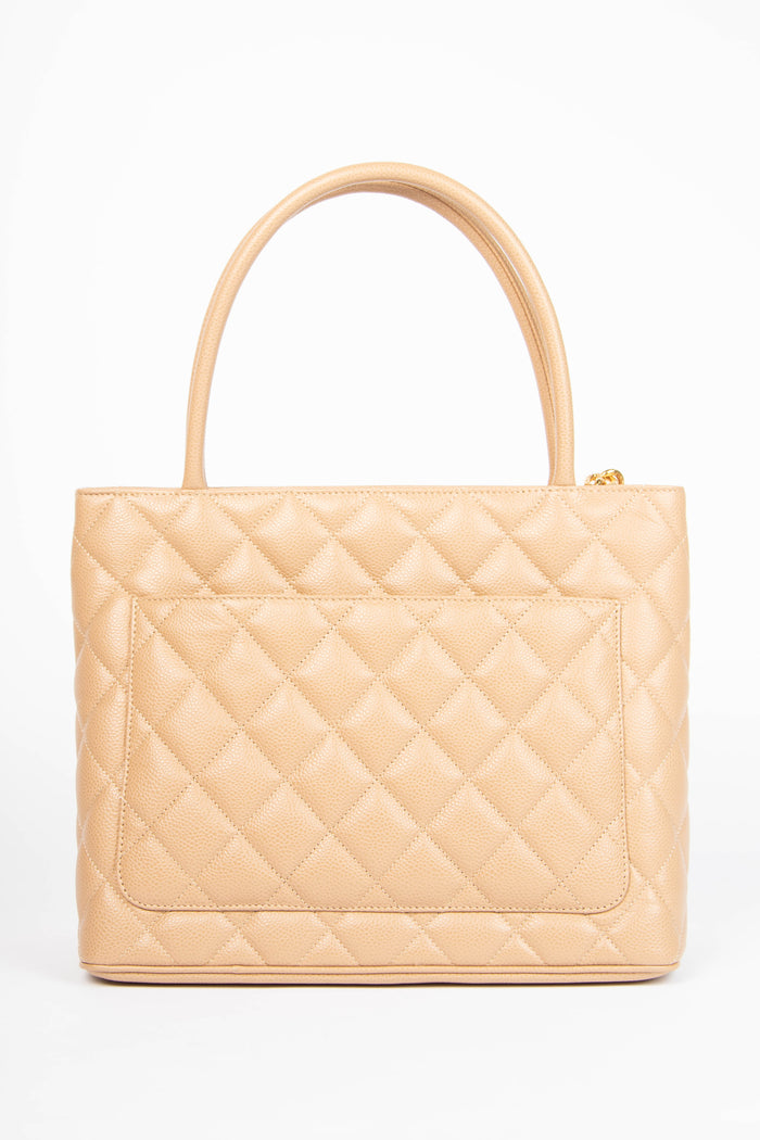 2000s Chanel Beige Caviar Leather Gold Medallion Tote Bag