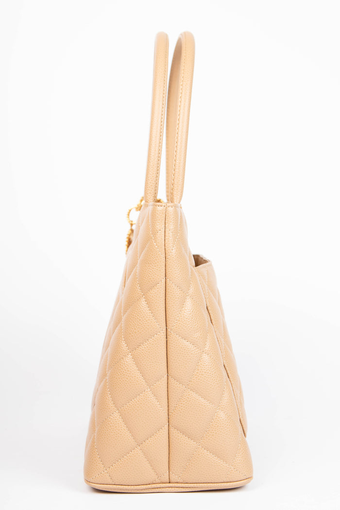 2000s Chanel Beige Caviar Leather Gold Medallion Tote Bag