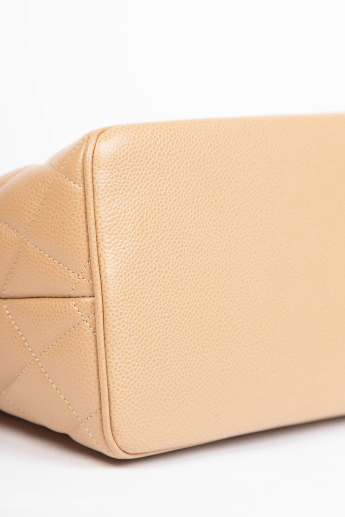 2000s Chanel Beige Caviar Leather Gold Medallion Tote Bag