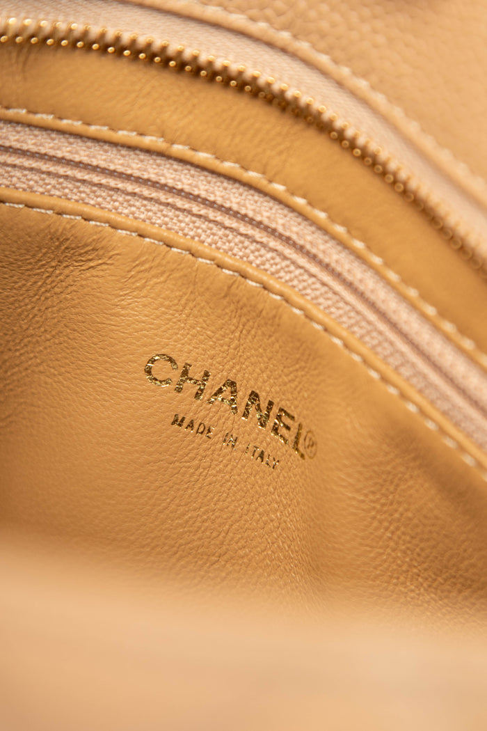 2000s Chanel Beige Caviar Leather Gold Medallion Tote Bag