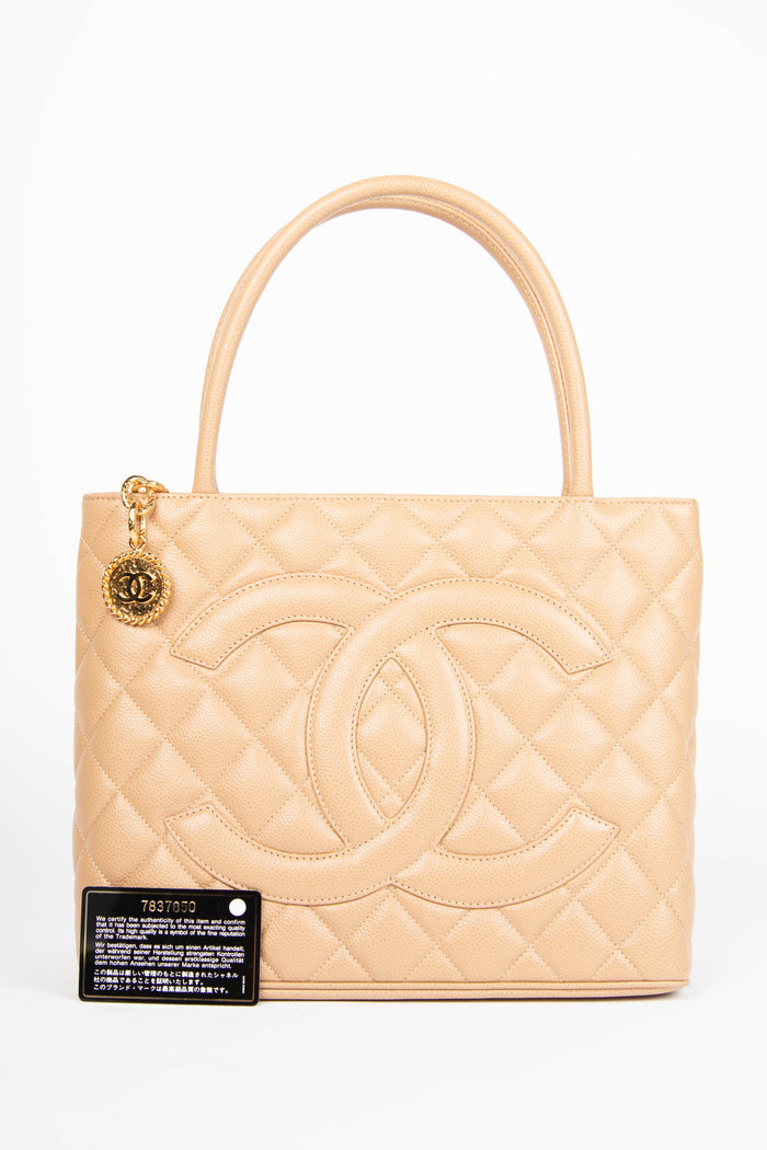 2000s Chanel Beige Caviar Leather Gold Medallion Tote Bag