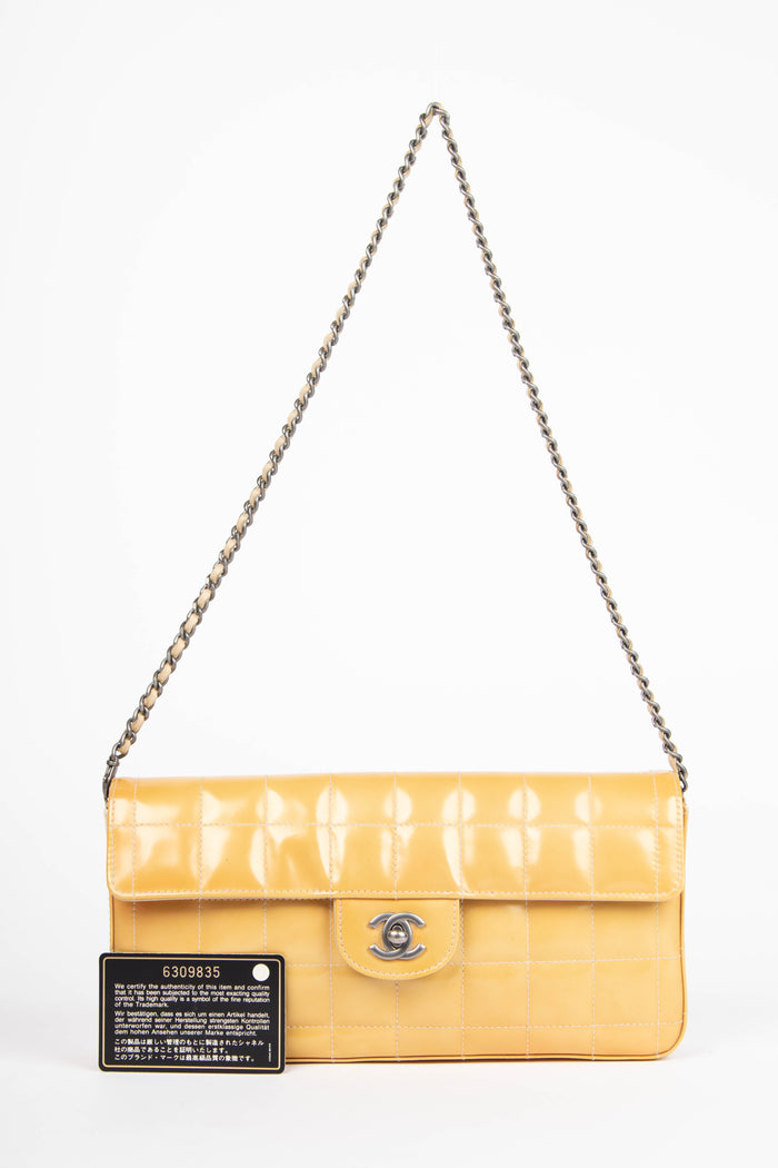 2000s Chanel Yellow Patent Leather East West Chocolate Bar Shoulder Bag