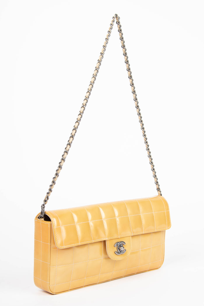 2000s Chanel Yellow Patent Leather East West Chocolate Bar Shoulder Bag