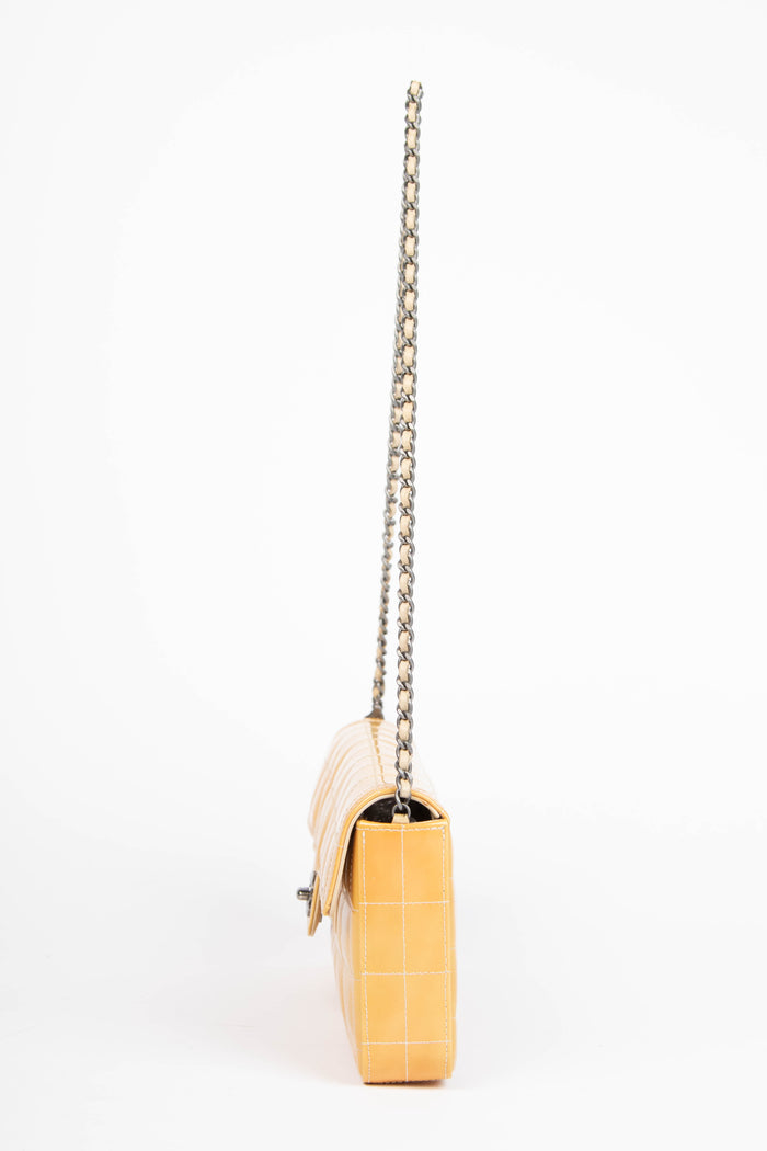 2000s Chanel Yellow Patent Leather East West Chocolate Bar Shoulder Bag