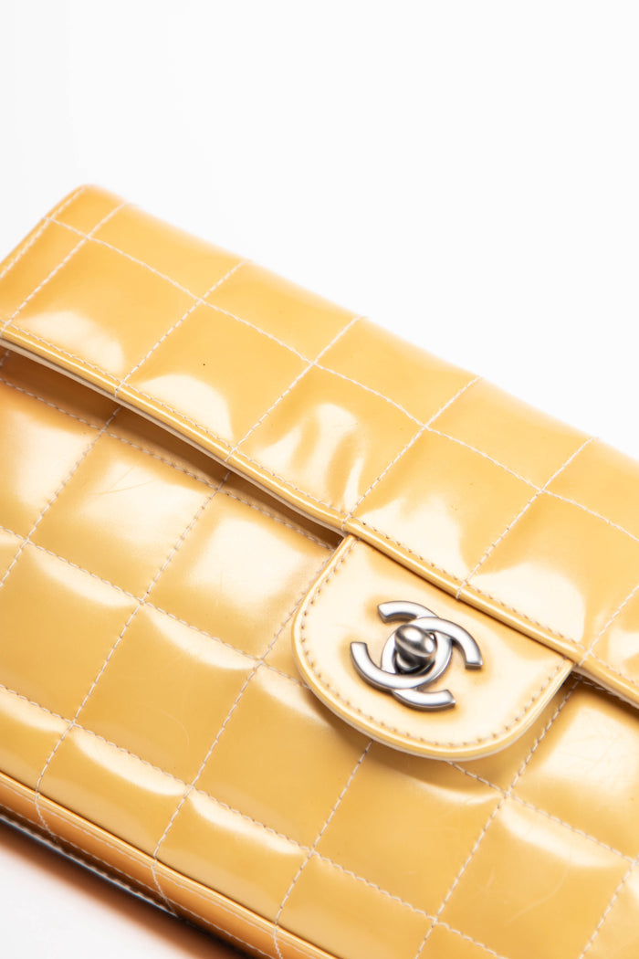 2000s Chanel Yellow Patent Leather East West Chocolate Bar Shoulder Bag