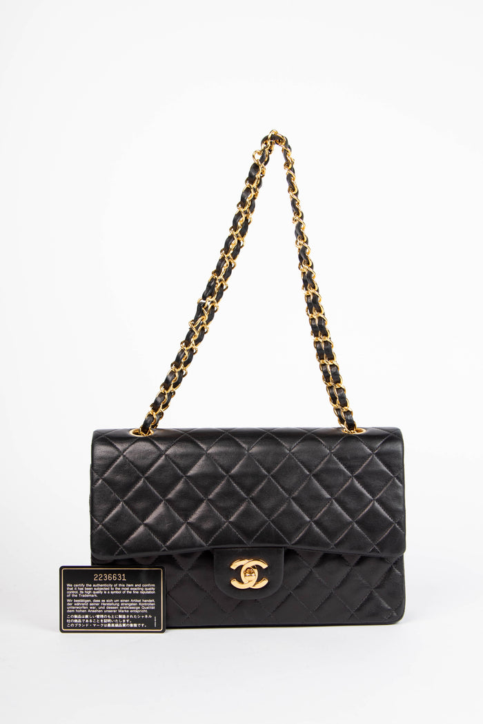 90s Chanel Black Lambskin Leather Medium Double Flap Bag with 24k GHW