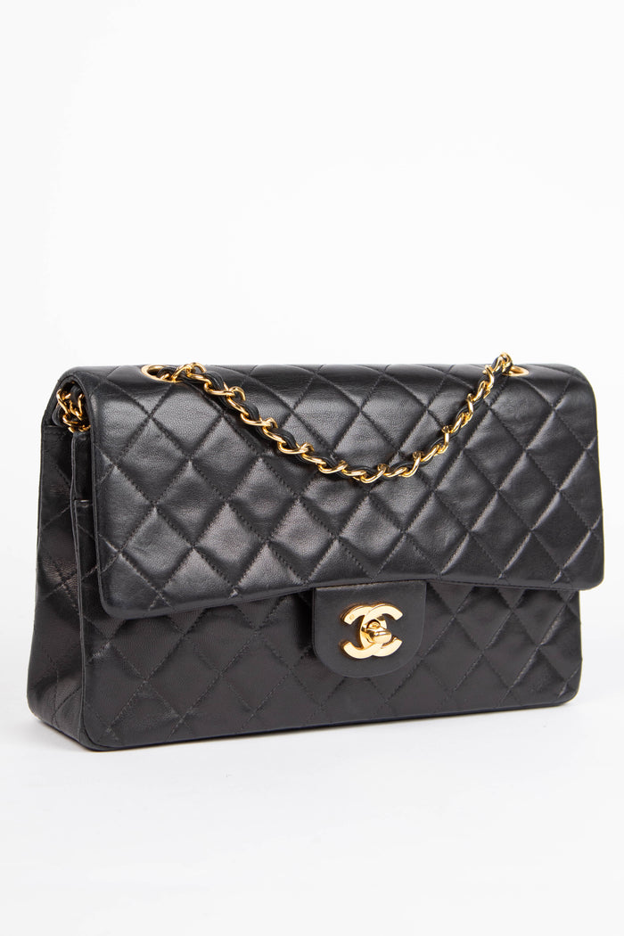 90s Chanel Black Lambskin Leather Medium Double Flap Bag with 24k GHW