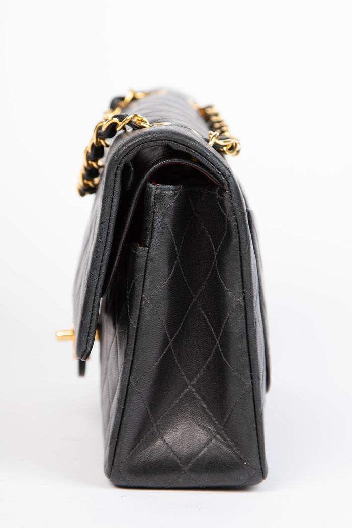 90s Chanel Black Lambskin Leather Medium Double Flap Bag with 24k GHW