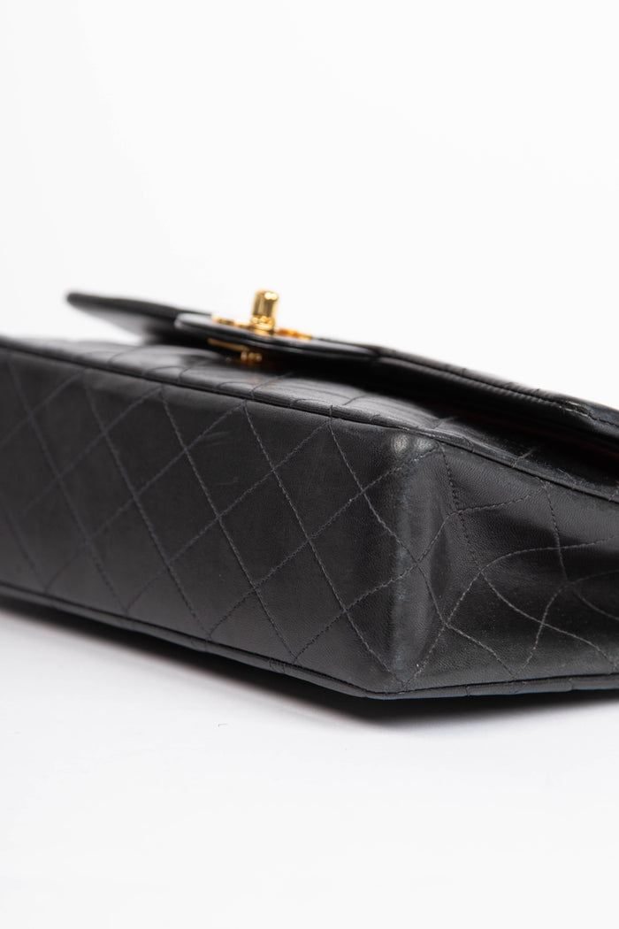 90s Chanel Black Lambskin Leather Medium Double Flap Bag with 24k GHW