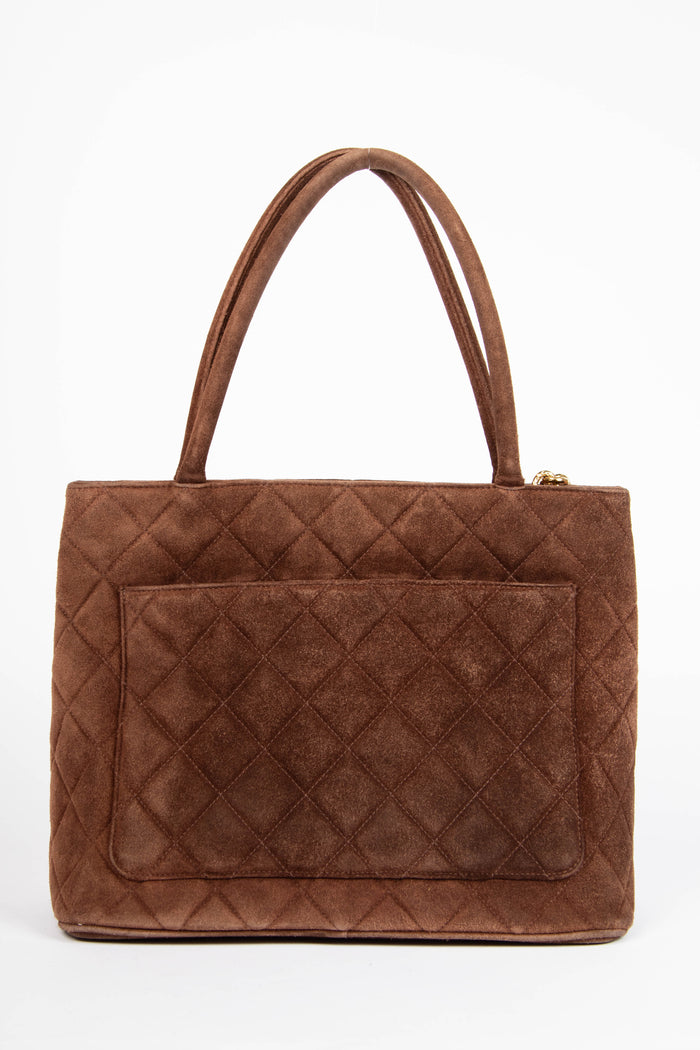 2000s Chanel Brown Suede Leather Gold Medallion Tote Bag