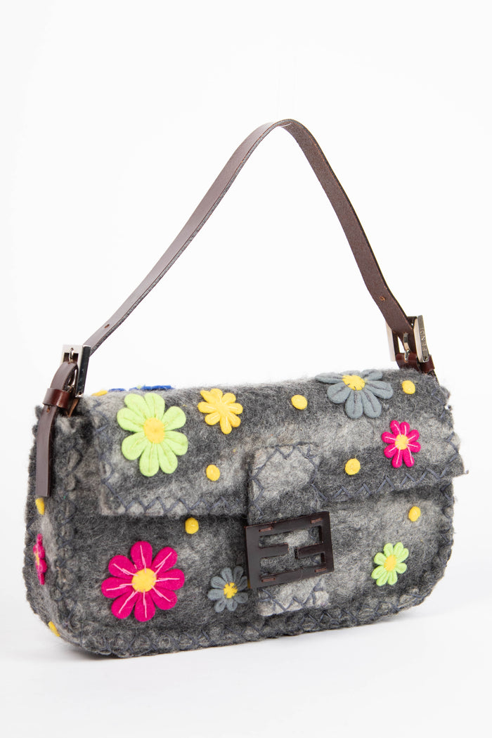 RARE Vintage Fendi Grey Felt Floral Appliqué Baguette Shoulder Bag