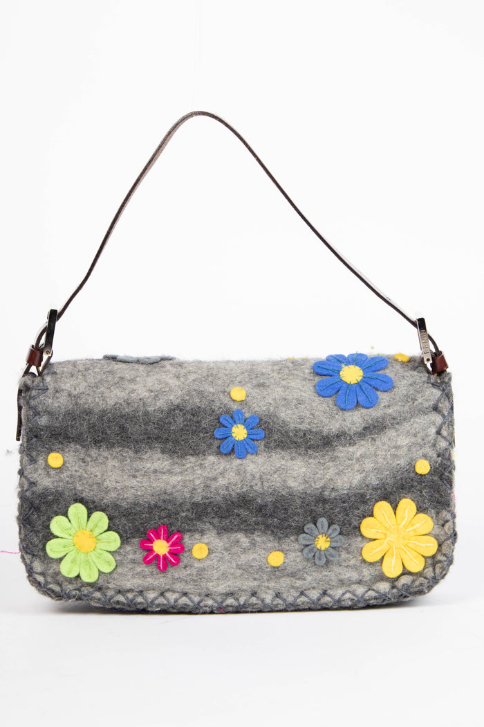 RARE Vintage Fendi Grey Felt Floral Appliqué Baguette Shoulder Bag